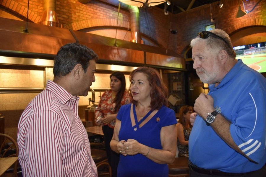 Congresswoman Linda Sanchez campaign meet and greet to collect signatures on Oct. 3, 2019. Artesia Mayor Ali Taj, Congresswoman Linda Sanchez and Lou Delgado discussed issues pertaining to Artesia. Photo credit: Denise Ng