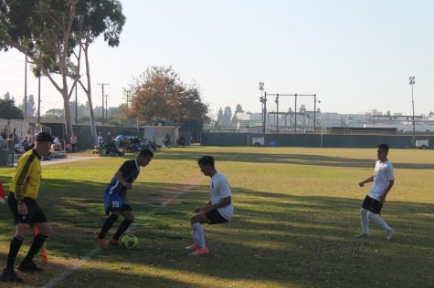 Freshman midfielder No. 19 Bryan Perez aiming for a shot-on-goal for Cerritos. The Falcons had 14 shots-on-goal however scored only two goals to beat Long Beach City College 2-0 on Tuesday, Nov. 5. 
