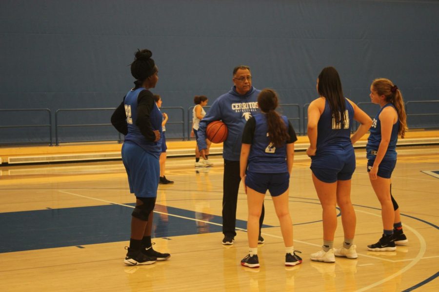 Rallying the team: Coach Joe Pacheco, motivating his team during practice. The womens basketball team is looking forward to an excellent season, and hopes to continue racking up victories with each passing game. The team next plays against Golden West College in a home game that takes place on Dec. 18, 2019. Photo credit: Quinae Austin