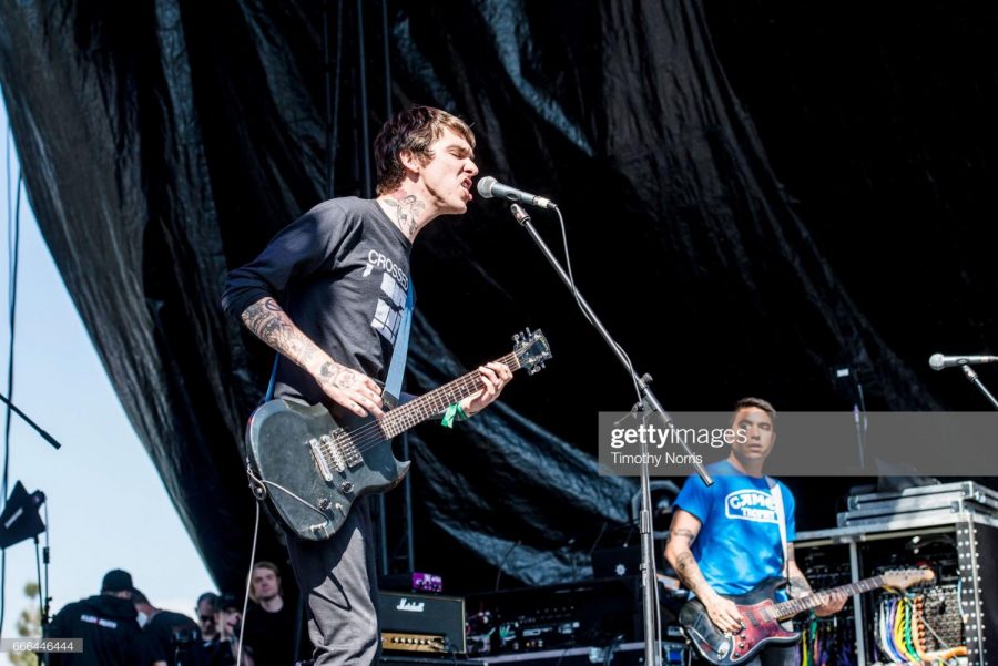 SANTA ANA, CA - APRIL 08: Barry Johnson and Chase Knobbe of Joyce Manor perform during When We Were Young Festival 2017 at The Observatory on April 8, 2017 in Santa Ana, California. 