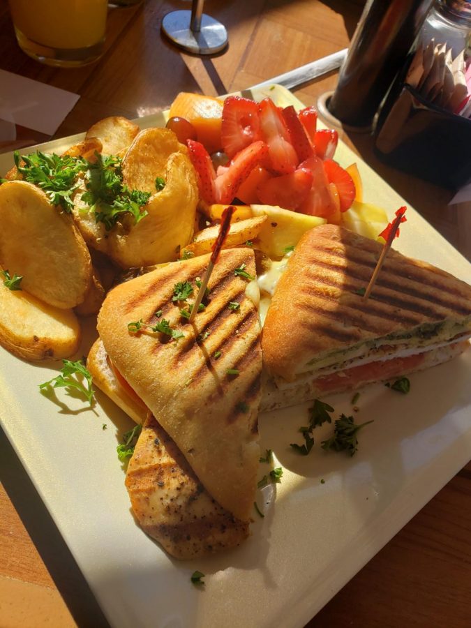 Focaccia+chicken+panini+served+with+seasonal+fruit+and+their+natural+cut+potatoes.+