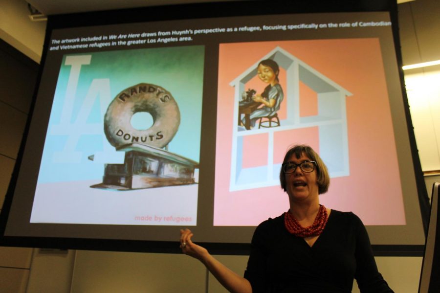 Curator, Rebecca Hall, discussed details about the upcoming exhibition We Are Here: Contemporary Art and Asian Voices in Los Angeles. The presentation took place during the Visual and Cultural Studies Lecture at Cerritos College on Feb. 20. Photo credit: Kianna Znika