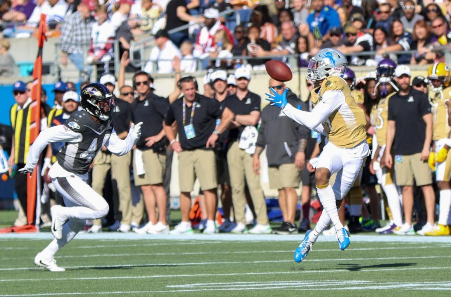Detriot Lions wide reciever Kenny Golladay makes a catch past Baltimore Ravens safety Marlon Humphrey during the first quarter of the NFL Pro Bowl at Camping World Stadium on Sunday, Jan. 26, 2020. (Jason Beede/Orlando Sentinel/TNS)