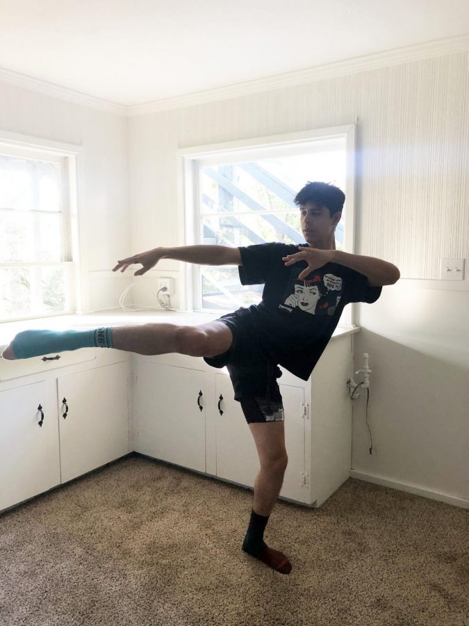 Samuel Macias, dance major, has been dancing from home due to COVID-19. He finds a space at his home to take his zoom dance classes. Photo credit: Courtesy of Samuel Macias
