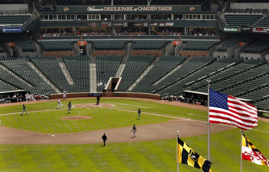 In this file photo, no fans were allowed to attend the Baltimore Orioles game at Camden Yards in Baltimore on Wednesday, April 29, 2015, due to unrest in the city. Owners of Major League Baseball teams gave the go-ahead to making a proposal to the players union that could lead to the season starting around the Fourth of July weekend in ballparks without fans. (Carolyn Cole/Los Angeles Times/TNS)