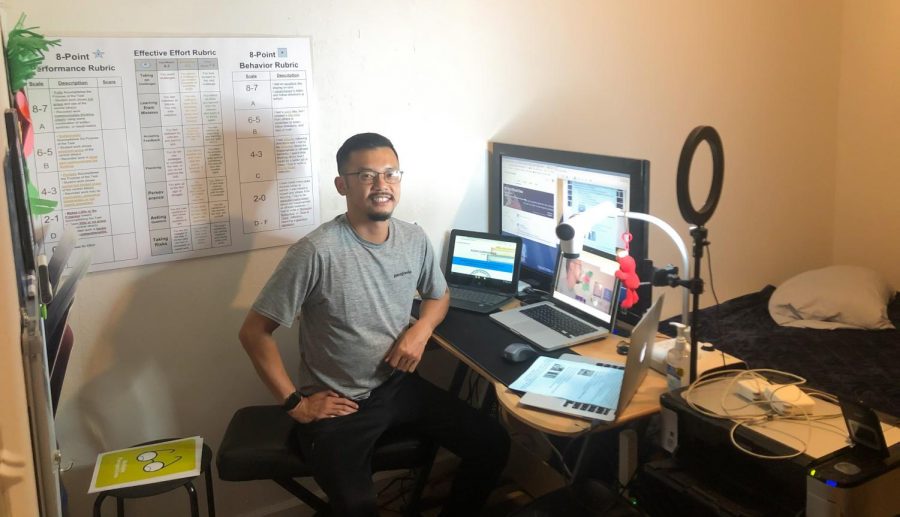 Sixth grade teacher Andrew Vo in his home set up for remote teaching. Vo is a teacher at Aloha Elementary in Lakewood. 