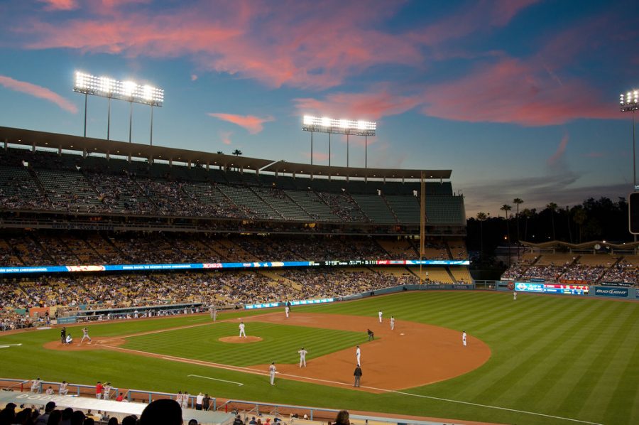 View from first base side of Dodger Stadium during a night game. Photo credit: LifeSupercharger/Creative Commons