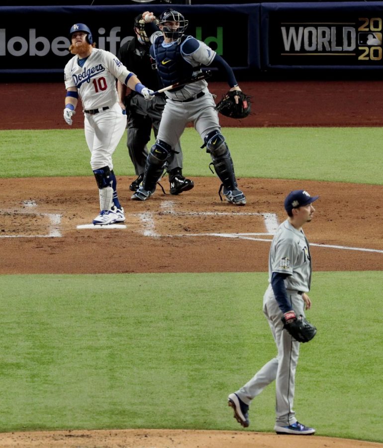 The Los Angeles Dodgers Justin Turner (10) strikes against Tampa Bay Rays pitcher Blake Snell in the first inning during Game 6 of the World Series at Globe Life Field in Arlington, Texas, on Tuesday, Oct. 27, 2020. 