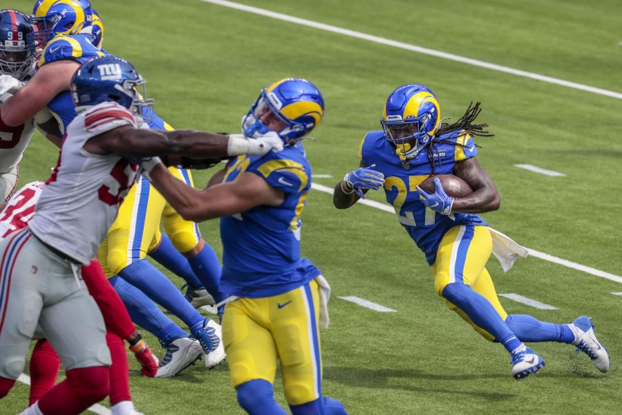 Los Angeles Rams running back Darrell Henderson (27) on a first half run against the New York Giants on Sunday, October 4, 2020 at SoFi Stadium in Inglewood, California. 
