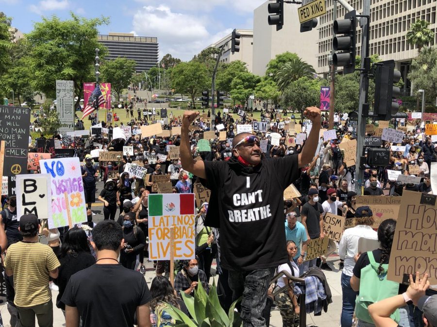 Protesters chant at a Black Lives Matter protest in front of Los Angeles City Hall on June 10, 2020. It was one of hundreds of protests organized by civil rights group Black Lives Matter Los Angeles.