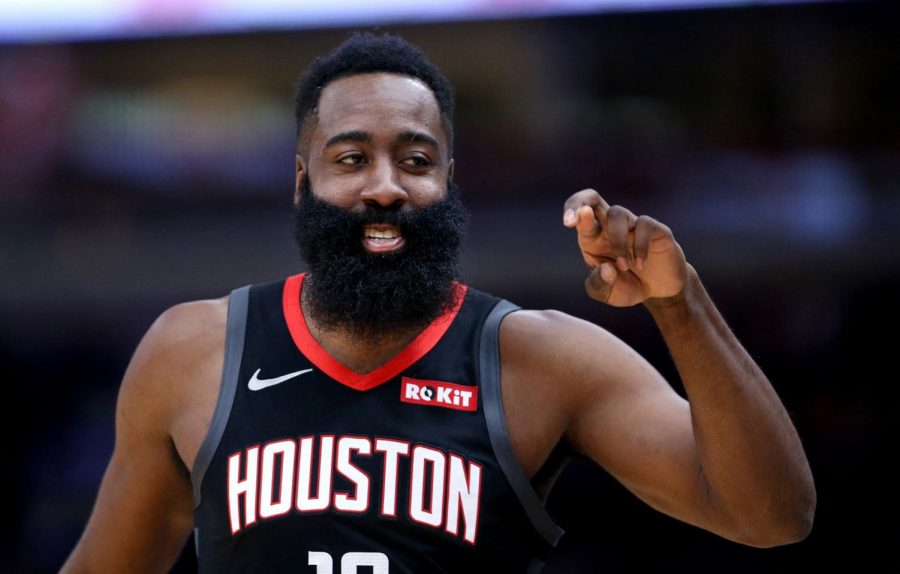 The Houston Rockets James Harden has a laugh during a game against the Chicago Bulls at the United Center in Chicago on Nov. 9, 2019.