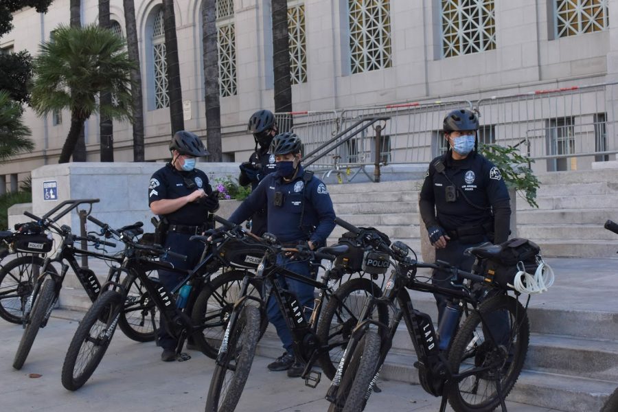 LAPD officers rode on bicycles to patrol the area around Los Angeles City Hall on Jan. 20. There were no notable Trump protests in LA on inauguration day.