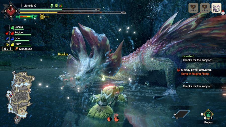 In the middle of a battle between a group of Hunters vs the water Leviathan Mizutsune. Its water beam and bubbles can do a lot of damage, so being so close may not be the best option. Photo credit: Oscar Torres