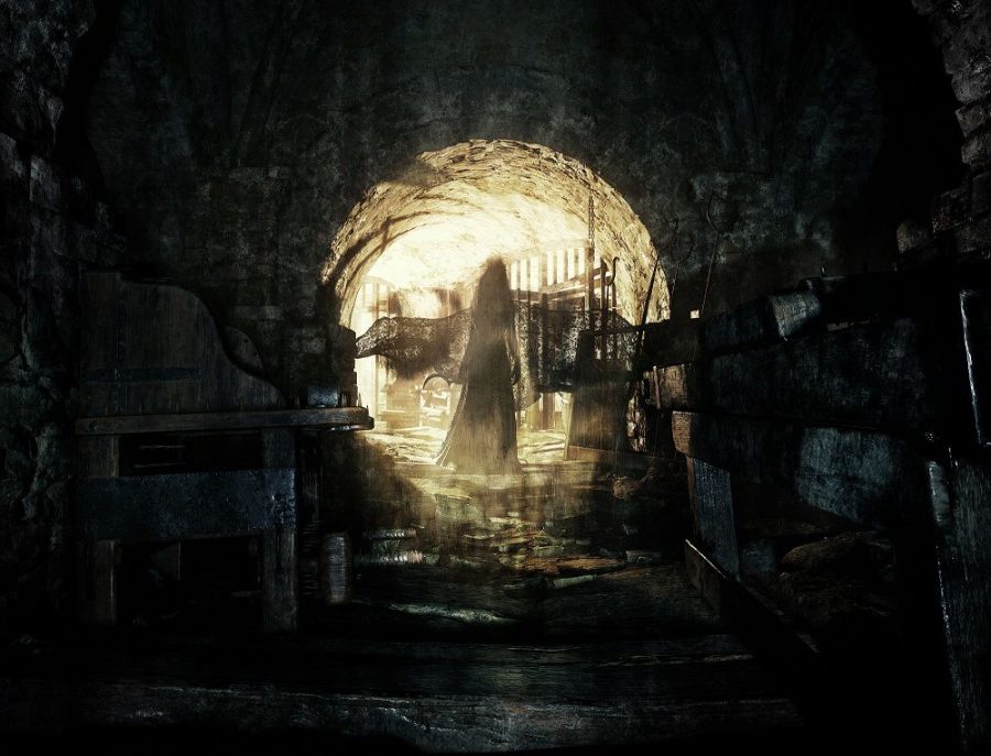 Key art for the Maiden demo, featuring the dungeons of Castle Dimitrescu and a mysterious figure. Photo credit: Capcom Unity/Capcom, Co., Ltd.