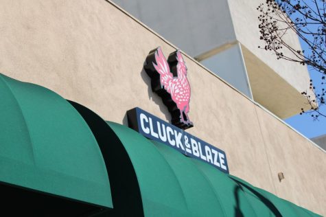 Cluck & Blaze sign at the Long Beach location. Busy day for the Cluck & Blaze staff. February 6, 2020.