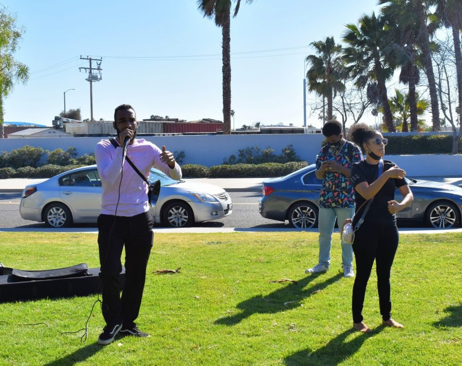 Anthony Bryson (left) speaks at the Black History Month Celebration in Long Beach on Feb. 20, 2021. He is the founder of CORE Movement and plans to run as a Congressional representative for Californias 47th district.