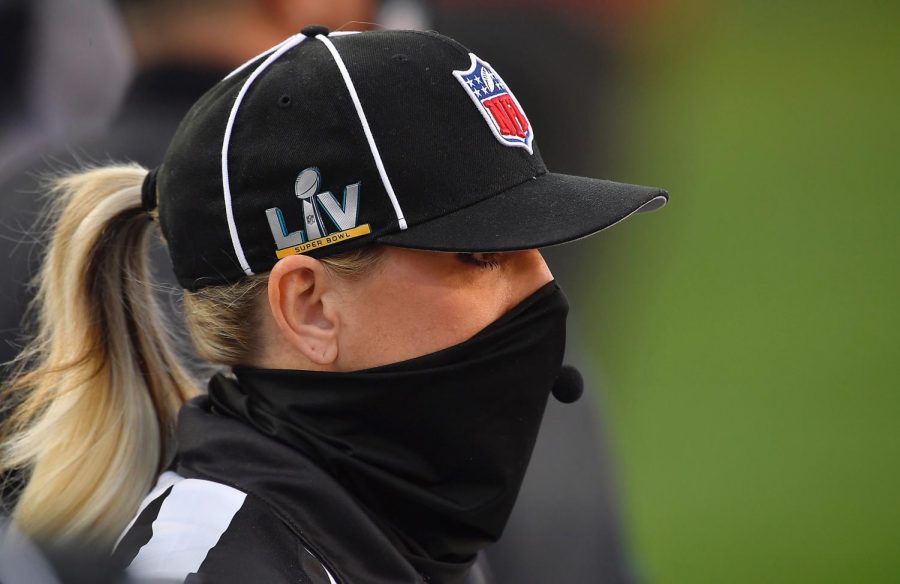 Sarah Thomas, the first woman to be part of a Super Bowl officiating crew was on the field before Super Bowl LV at Raymond James Stadium in Tampa, Florida, on Sunday, Feb. 7, 2021.