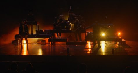 Another still from the bands live performance at the Cerritos College Burnight Theatre where the group performed songs off their second album. Taken on February 2, 2019. Pictured (left to right): Emili Romano, Eric Orellana, Sergio German, Mikey Enriquez, Joel Alvarez and Professor Maz. Photo credit: Andrew Maz
