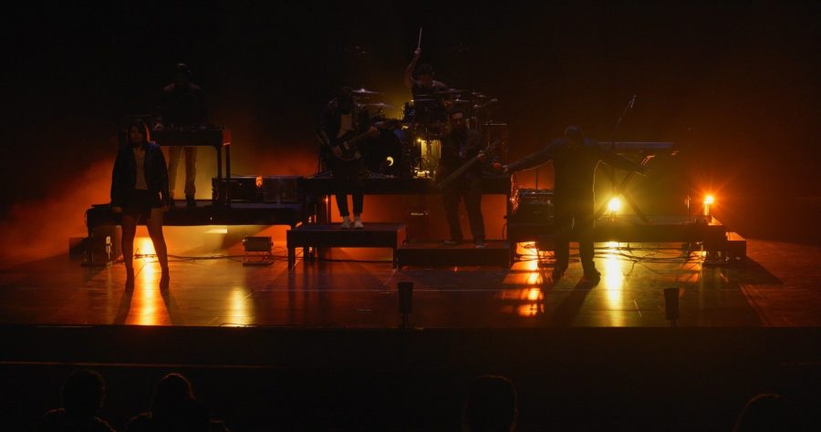 Another still from the bands live performance at the Cerritos College Burnight Theatre where the group performed songs off their second album. Taken on February 2, 2019. Pictured (left to right): Emili Romano, Eric Orellana, Sergio German, Mikey Enriquez, Joel Alvarez and Professor Maz. Photo credit: Andrew Maz