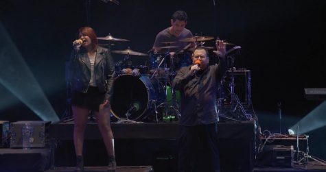 Taken on February 2, 2019 at the Cerritos Burnight Theatre, the band is seen here performing a song off their second album, Singularity. Pictured (left to right): Emili Romano, Mikey Enriquez, and Professor Maz.