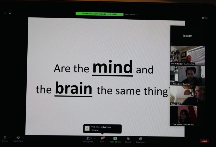 Will+Mittendorf+asks+those+in+the+zoom+call+if+the+the+mind+and+brain+are+the+same+thing+on+Feb+23.+Many+different+answers+and+discussions+from+the+students.+
