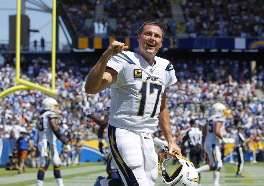 Los Angeles Chargers Philip Rivers after he threw a touchdown pass to Keenan Allen against the Indianapolis Colts in the 2nd quarter in Carson on Sept. 8, 2019. Photo credit: K.C. Alfred/TNS