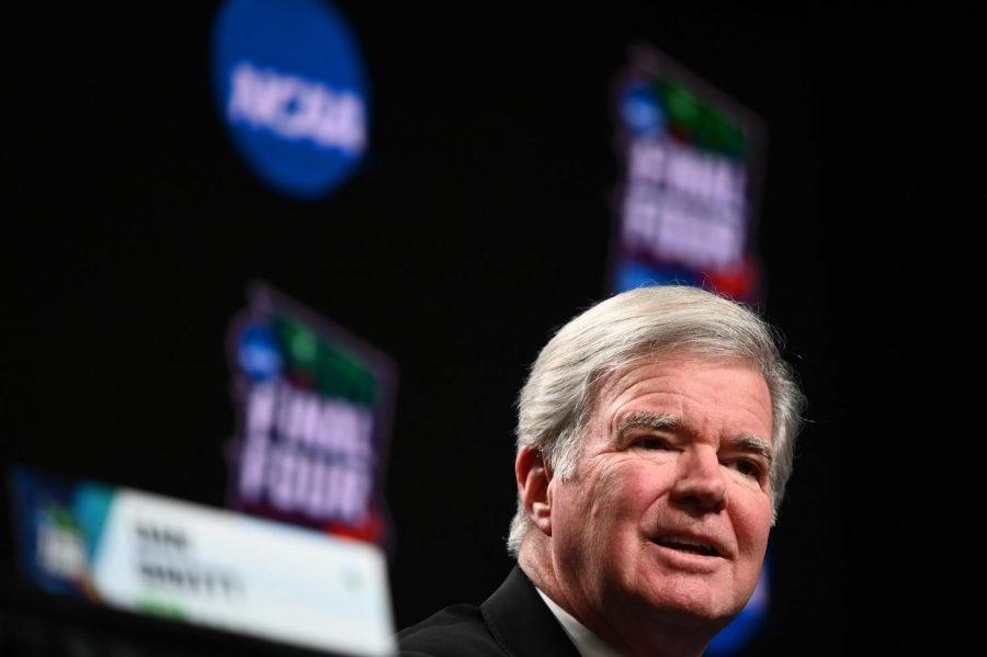 NCAA President Mark Emmert talks during a news conference before the men's basketball NCAA Tournament Final Four on April 4, 2019, at U.S. Bank Stadium in Minneapolis. Photo credit: Aaron Lavinsky/Minneapolis Star Tribune/Zuma Press/TNS