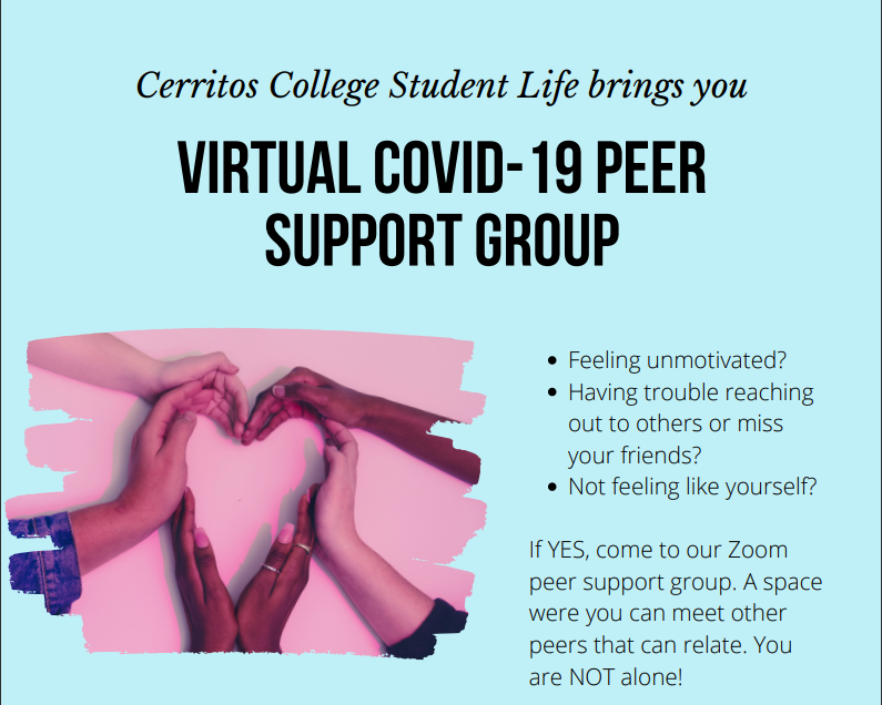 Cerritos College Virtual Covid-19 Peer Support Group flyer. They meet every other Tuesday of the month at 5 pm. 