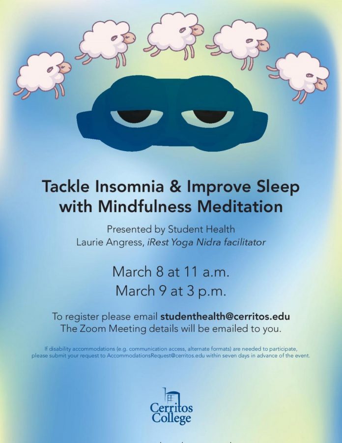 Student Health organized an insomnia event that identified causes and solutions for not being able to sleep.  There was also instructions for mediation. March 9, 2021. 
