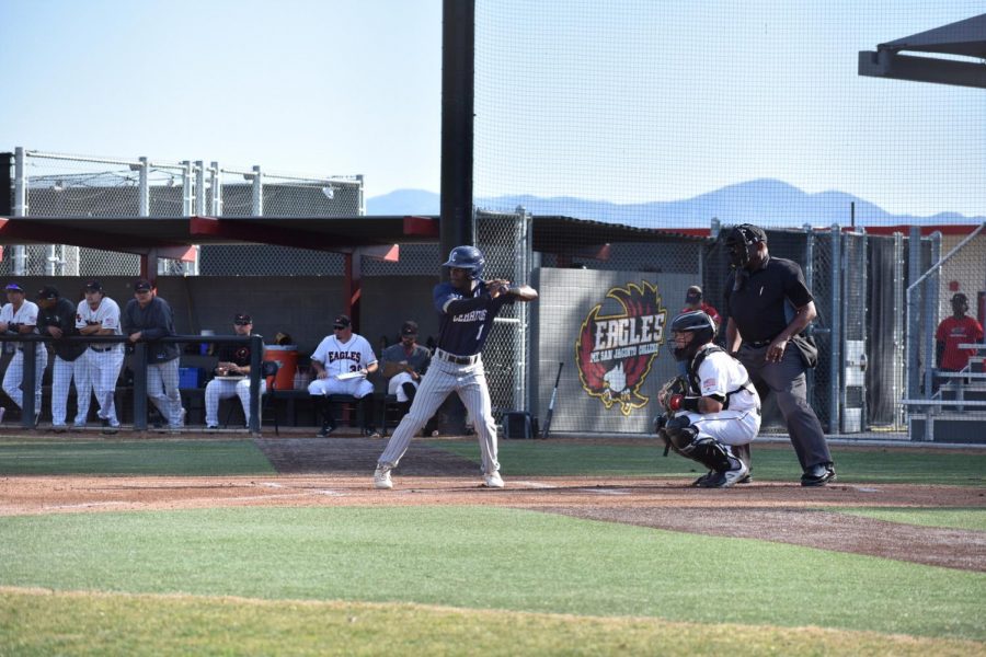 One of the captains, Trent Anderson, gets ready to hit the baseball on Aug 21, 2020. Cerritos College Falcons plays against Mt. San Jacinto College Eagles. Photo credit: Nick Martinez