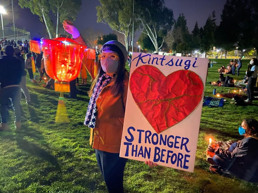 Faculty member, Rebecca Pang holds and traditional lantern at a candlelight vigil in Alhambra on March 2021. Different communities came out to support, chanting “Stop Asian Hate” and “Black Lives Matter”. 