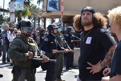 HBPD blocked the crowd from reaching Main Street after leaving the substation. They declared an unlawful assembly shortly after stopping the crowd on April 11, 2021.