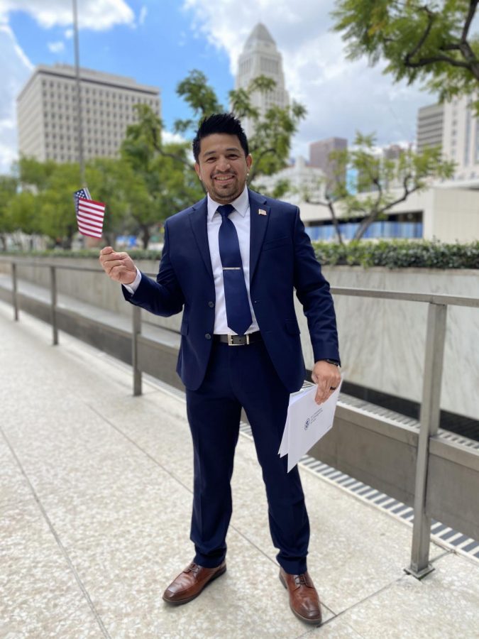 Julio Rayo downtown Los Angeles outside of the Federal building on March 17, 2021.  Julio took the oath to become a US Citizen. 
