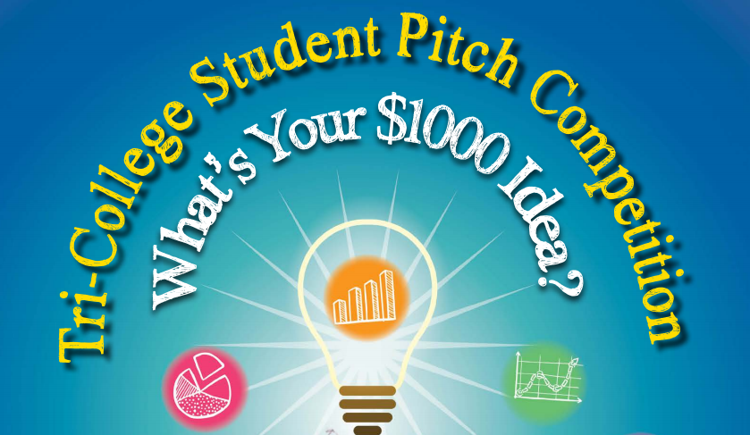 The tri-college student pitch competition flyer.  The yearly competition gives students an opportunity to practice making business pitches. 