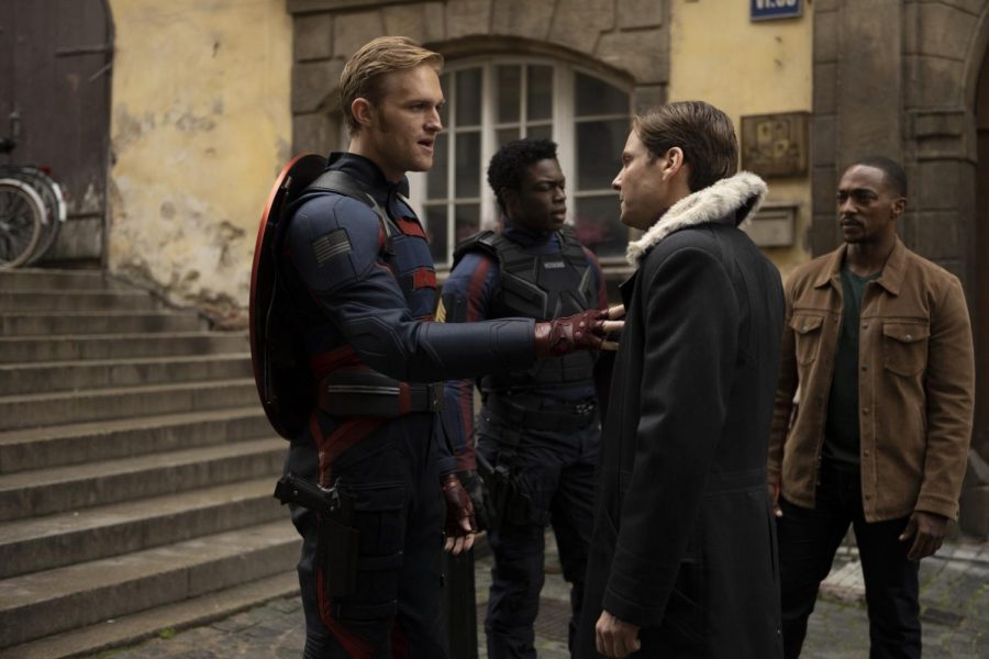 (L-R): John Walker (Wyatt Russell), Lemar Hoskins (Cle Bennett), Zemo (Daniel Bruhl) and Falcon/Sam Wilson (Anthony Mackie) in Marvel Studios THE FALCON AND THE WINTER SOLDIER exclusively on Disney+. Photo by Julie Vrabelova. ©Marvel Studios 2021. All Rights Reserved. Photo credit: Marvel Studios, Julie Vrabelova , Kianna Znika & Walt Disney Company