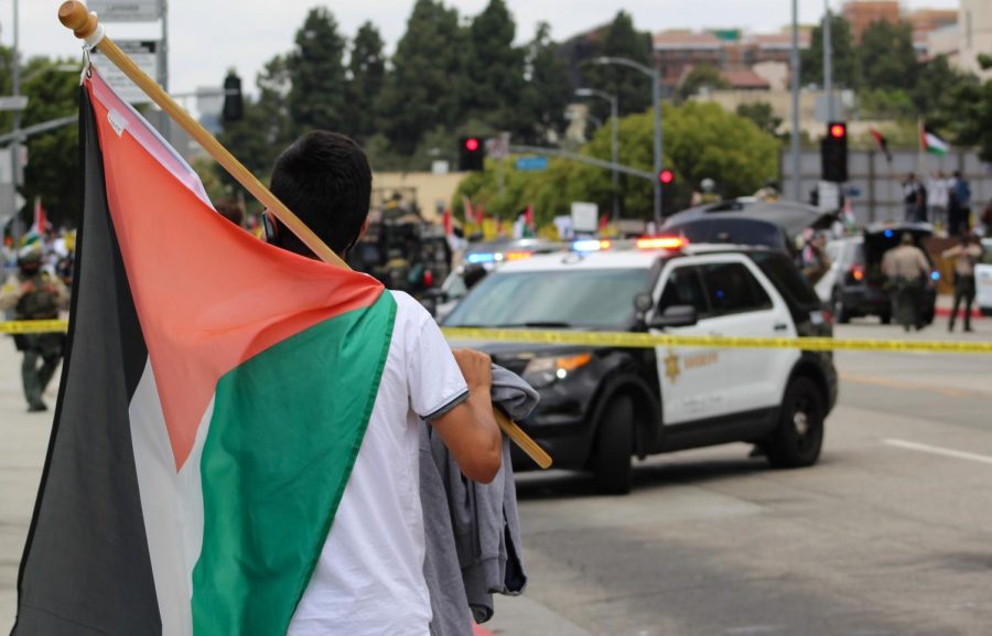 Heavy police presence loomed at a Palestinian Rally/Protest on May 15. Thousands of protestors showed up at the Wilshire Federal Building to protest the most recent violent attacks against Palestinians in the Middle East. 