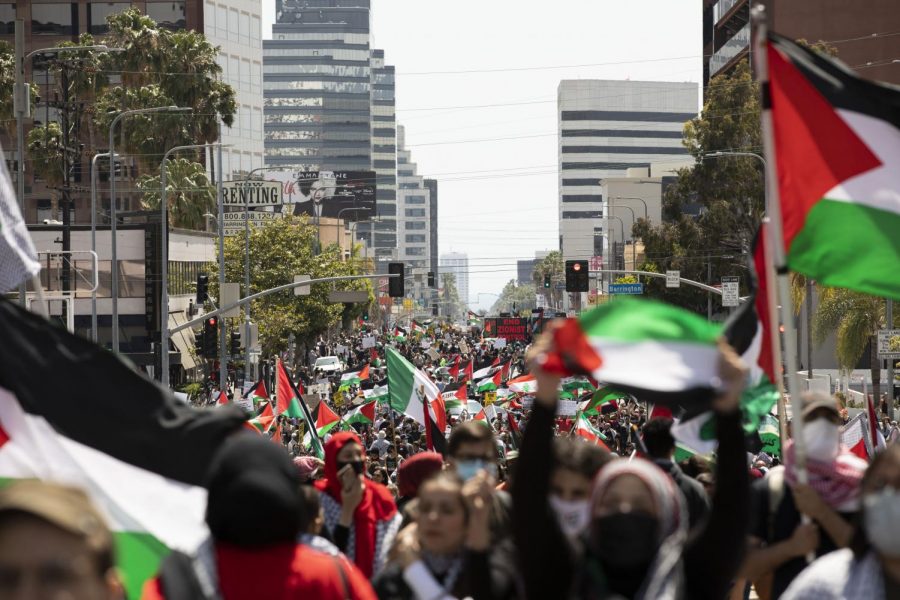Thousands marched on May 15, 2021 in Los Angeles in solidarity with Palestinians. Demonstrators marched on Wilshire Blvd demanding peace and justice. 
