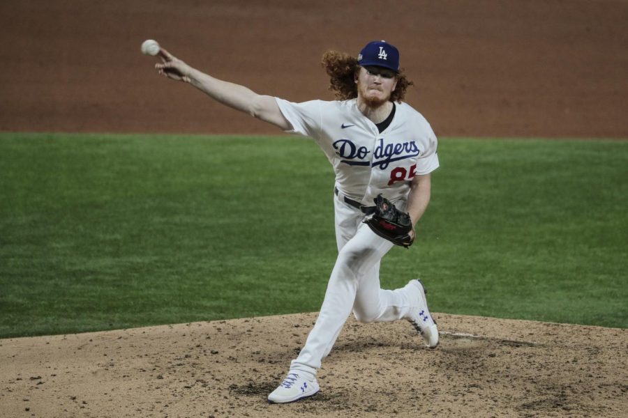 Arlington, Texas, Tuesday, October 6, 2020. Los Angeles Dodgers starting pitcher Dustin May (85) pitches in relief of Walker Buehler in the fifth inning against the Padres in game one of the NLDS at Globe Life Field. Photo credit: Robert Gauthier/ Los Angeles Times/TNS