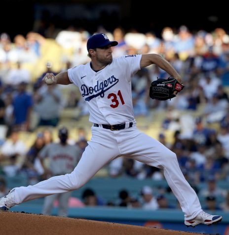 The Los Angeles Dodgers Matt Scherzer pitches against the Houston Astros in the first inning at Dodger Stadium in Los Angeles on Wednesday, Aug. 4, 2021. (Luis Sinco/Los Angeles Times/TNS)