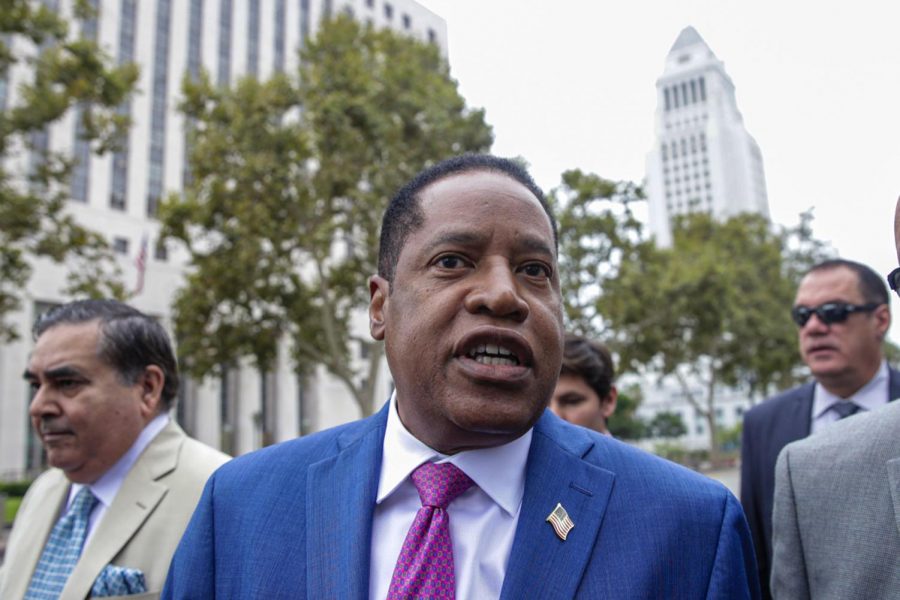 Republican gubernatorial candidate Larry Elder at a news conference held to recall Los Angeles District Attorney George Gascon and Governor Gavin Newsom, in front of Hall of Justice on Thursday, Sept. 2, 2021 in Los Angeles, CA. Photo credit: Irfan Khan/Los Angeles Times/TNS