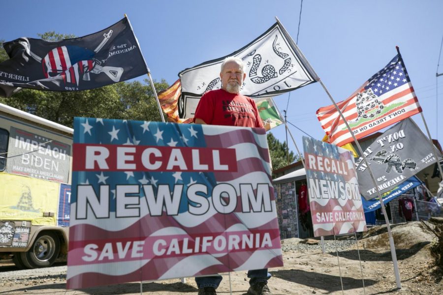 Ed Brown, who works at a flag store in Sutter Creek, says he was bothered by Gov. Gavin Newsoms hypocrisy of visiting the French Laundry restaurant during the pandemic while many businesses closed, and is what pushed him to recall the governor. Amador County, per capita, had the most signatures on petitions to recall Gov. Gavin Newsom. Photo credit: Myung J. Chun/Los Angeles Times/TNS