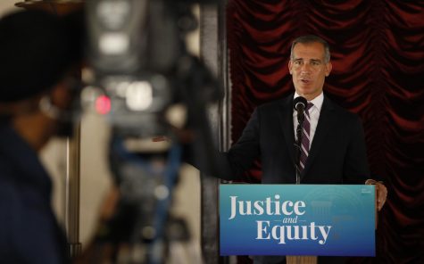 Los Angeles Mayor Eric Garcetti durings a news conference while he signs his 2021-2022 budget, in the Tom Bradley room of Los Angeles City Hall on June 2, 2021. (Al Seib/Los Angeles Times/TNS)