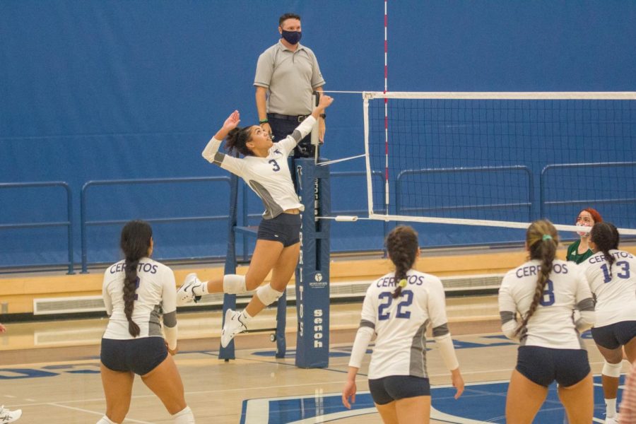 Freshman Jayda Hamete goes up for a spike against East Los Angeles on Wednesday October 20th. Cerritos went on to sweep ELAC in three games. Photo credit: Courtesy of Jayda Hamete