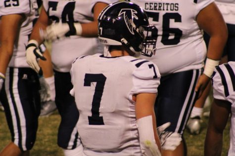 Falcons WR Luca Caldarella (#7) returning to the sideline after a touchdown to give the Falcons the lead early in the fourth quarter. Caldarella finished with 8 catches on 79-yards on October 16th against Chaffey.