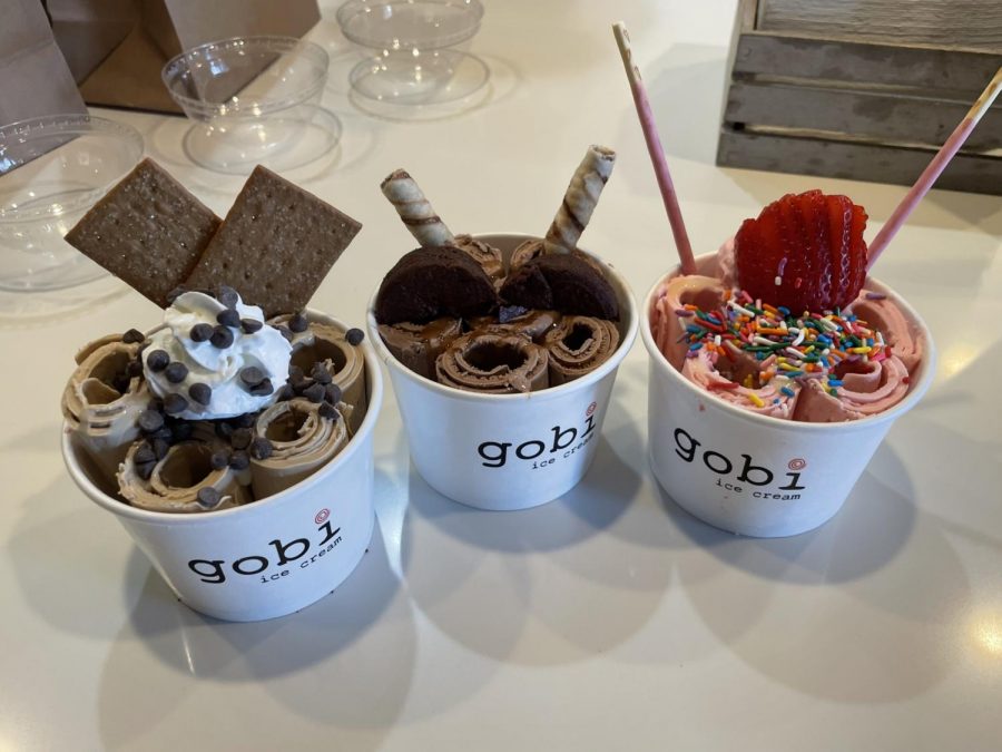 Gobi Ice Cream has delicious and unique flavors with a variety of options for toppings. The flavors displayed in the image (left to right) are coffee, chocolate and strawberry. 