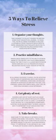 This infographic provides five ways that have been proven to relieve stress. As times of stress unroll especially from the pandemic, it's important to find techniques to better mental health.
