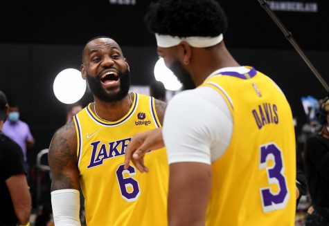 Los Angeles Lakers Lebron James, left, and Anthony Davis share a laugh during media day at the UCLA Health Training Center in El Segundo, California on Tuesday, Sept. 28, 2021. (Wally Skalij/Los Angeles Times/TNS)