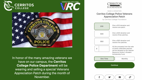 Cerritos Community College is currently offering college police veterans appreciation patches to individuals that make a donation. All donations will be donated to the Veteran Resource Center’s Student Scholarship Fund.