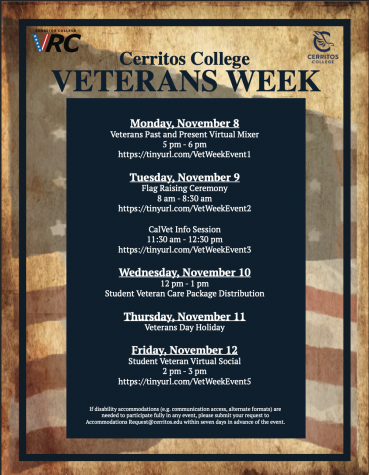 Cerritos College veterans week events for the upcoming days, open to all students and staff.