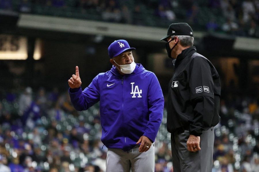 Manager+Dave+Roberts+%2830%29+of+the+Los+Angeles+Dodgers+argues+a+call+with+umpire+Angel+Hernandez+%285%29+during+the+eighth+inning+against+the+Milwaukee+Brewers+at+American+Family+Field+on+April+30%2C+2021+in+Milwaukee%2C+Wisconsin.+%28Stacy+Revere%2FGetty+Images%2FTNS%29